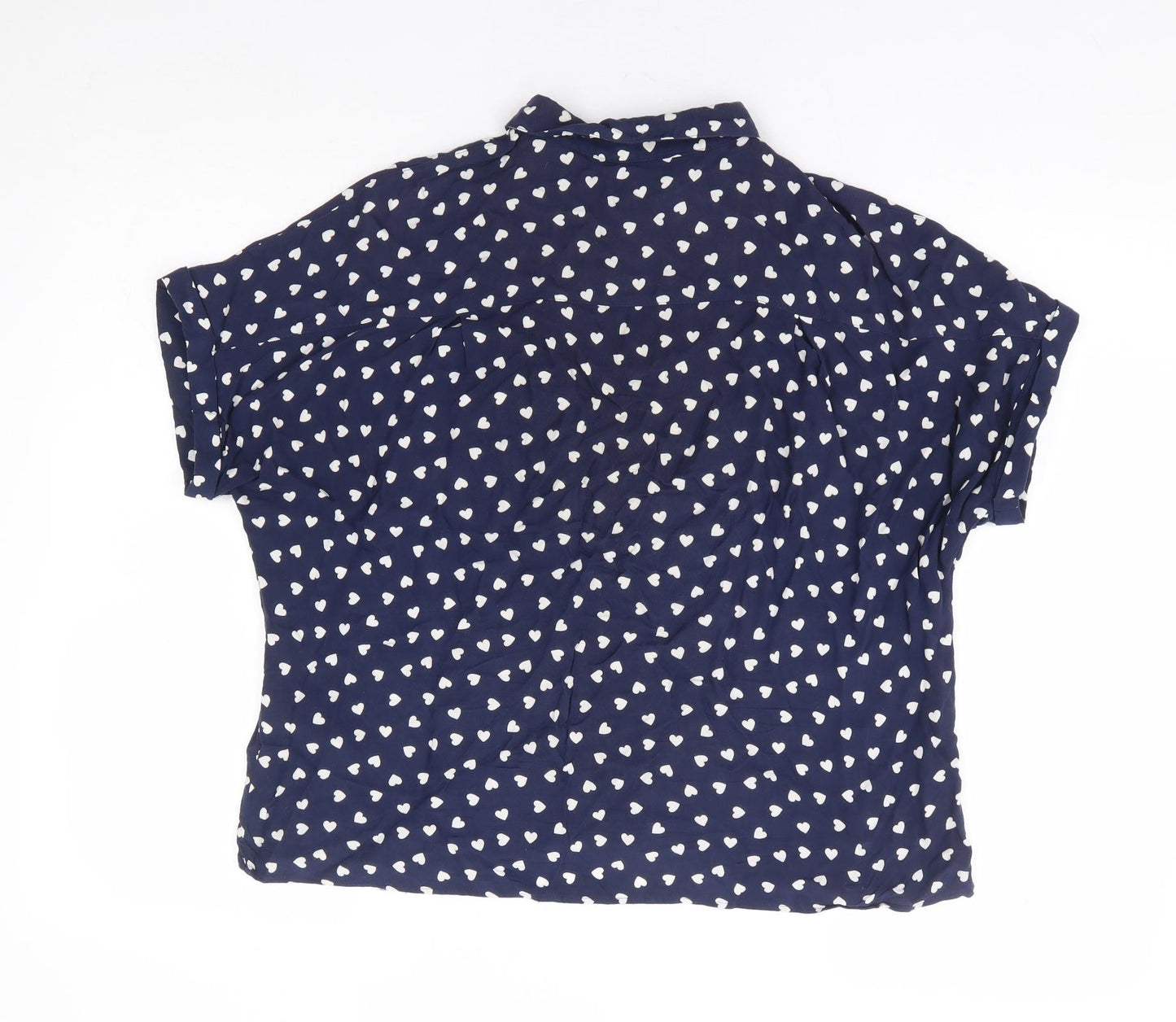 Marks and Spencer Womens Blue Geometric Viscose Basic Button-Up Size 14 Collared - Heart Print Box Fit