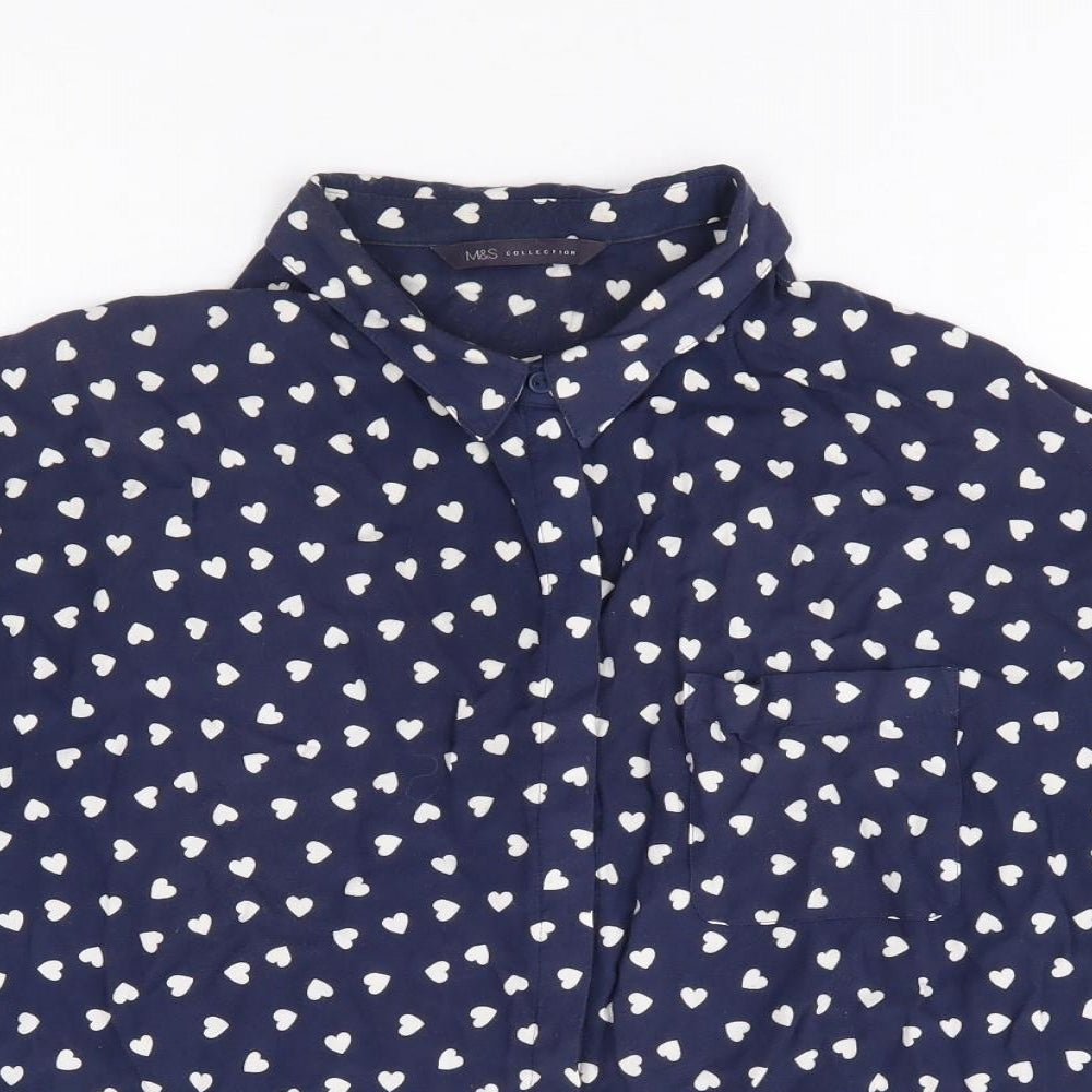 Marks and Spencer Womens Blue Geometric Viscose Basic Button-Up Size 14 Collared - Heart Print Box Fit