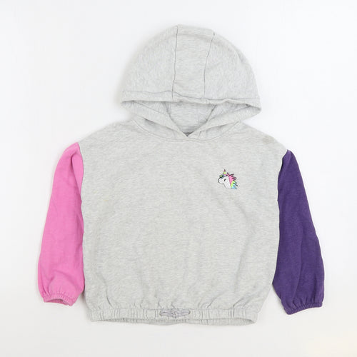 NEXT Girls Grey Colourblock Cotton Pullover Hoodie Size 7 Years Pullover - Unicorn