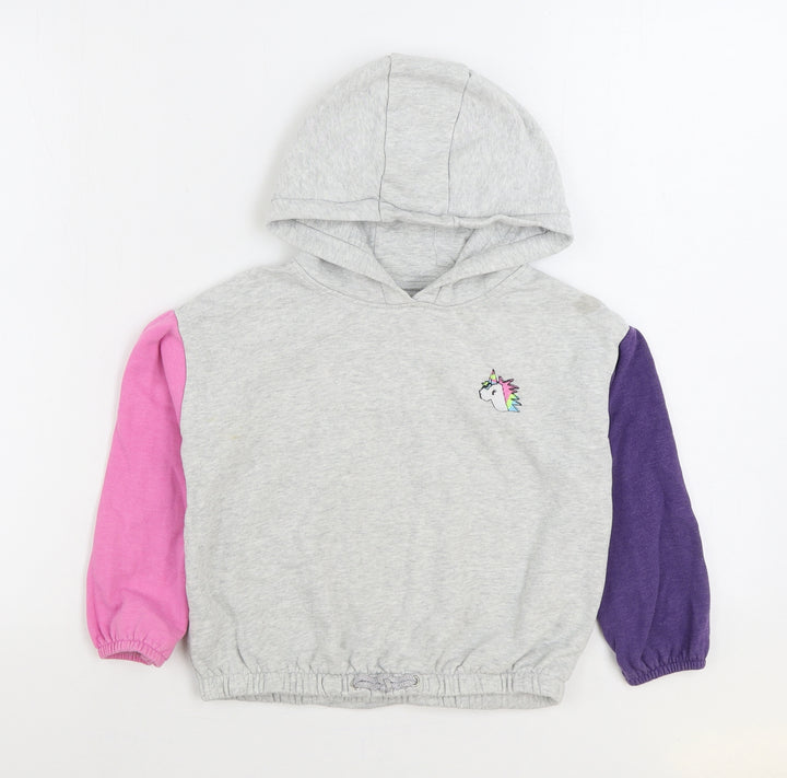 NEXT Girls Grey Colourblock Cotton Pullover Hoodie Size 7 Years Pullover - Unicorn