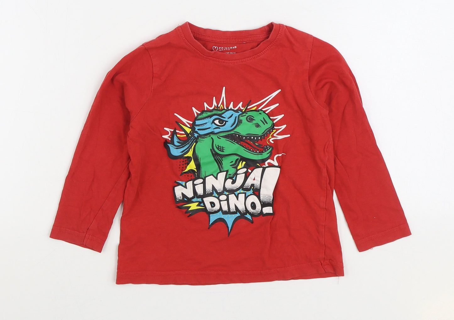 Primark Boys Red Cotton Basic T-Shirt Size 3-4 Years Round Neck Pullover - Ninja Dino!