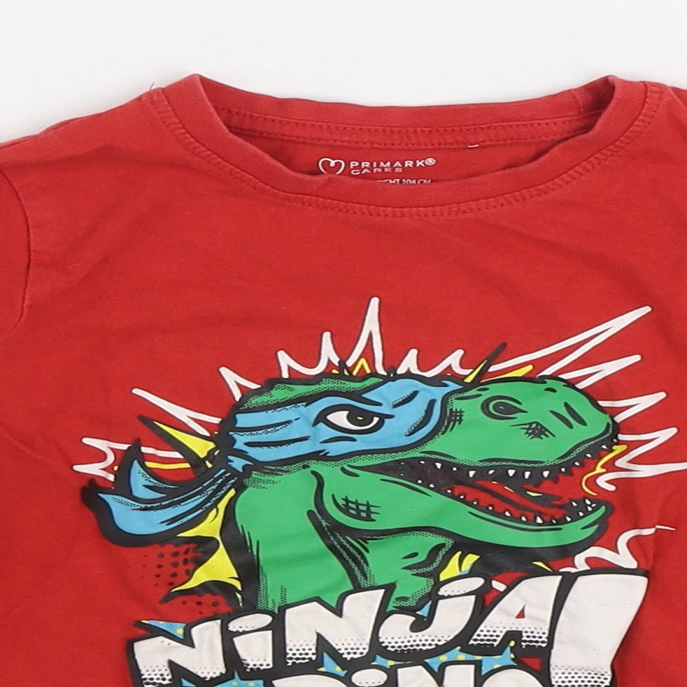 Primark Boys Red Cotton Basic T-Shirt Size 3-4 Years Round Neck Pullover - Ninja Dino!