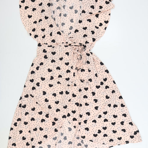 SheIn Womens Pink Geometric Polyester Wrap Dress Size XL V-Neck Tie - Love Hearts
