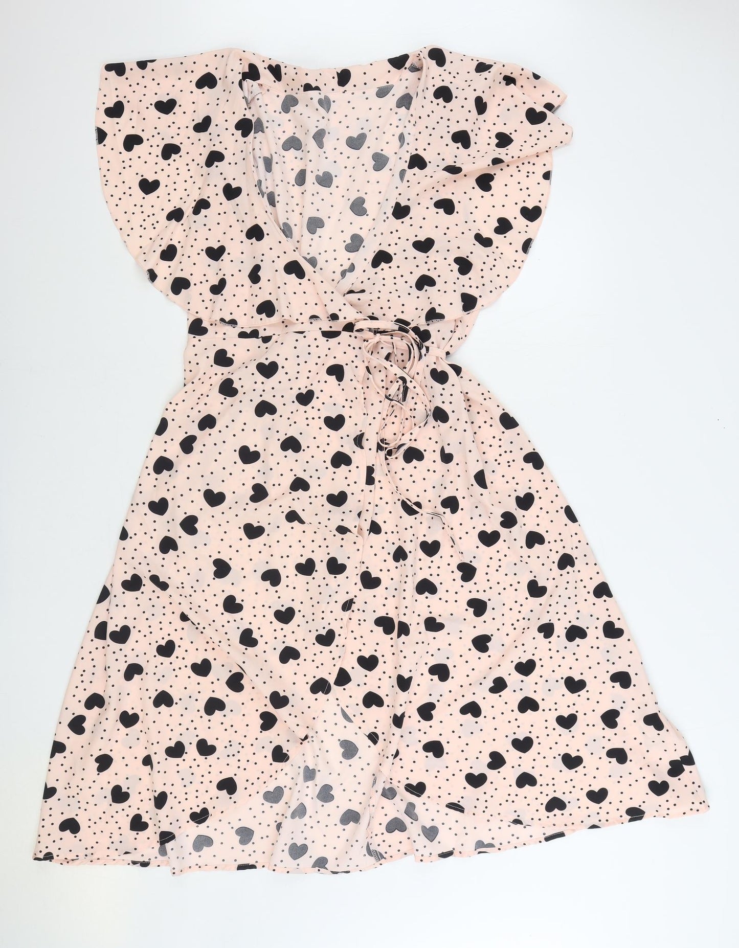 SheIn Womens Pink Geometric Polyester Wrap Dress Size XL V-Neck Tie - Love Hearts
