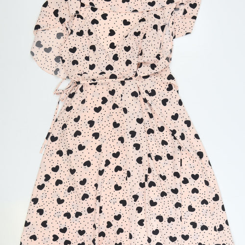 SheIn Womens Pink Geometric Polyester Wrap Dress Size XL V-Neck Tie - Love Hearts