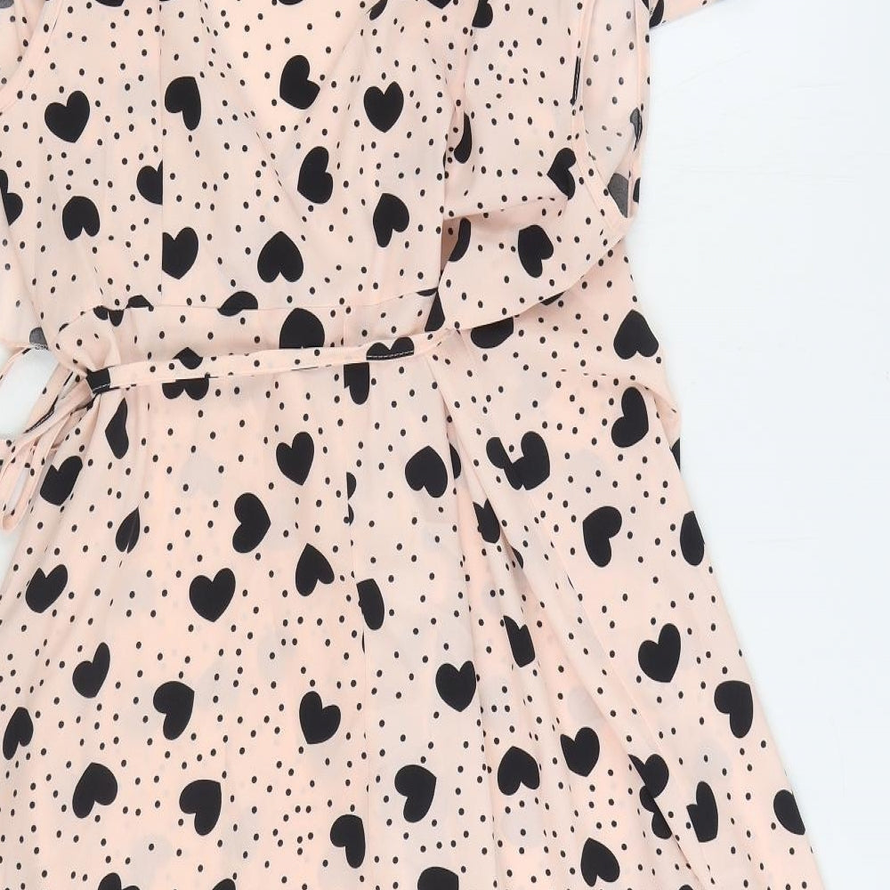 SheIn Womens Pink Geometric Polyester Wrap Dress Size XL V-Neck Tie - Love Hearts