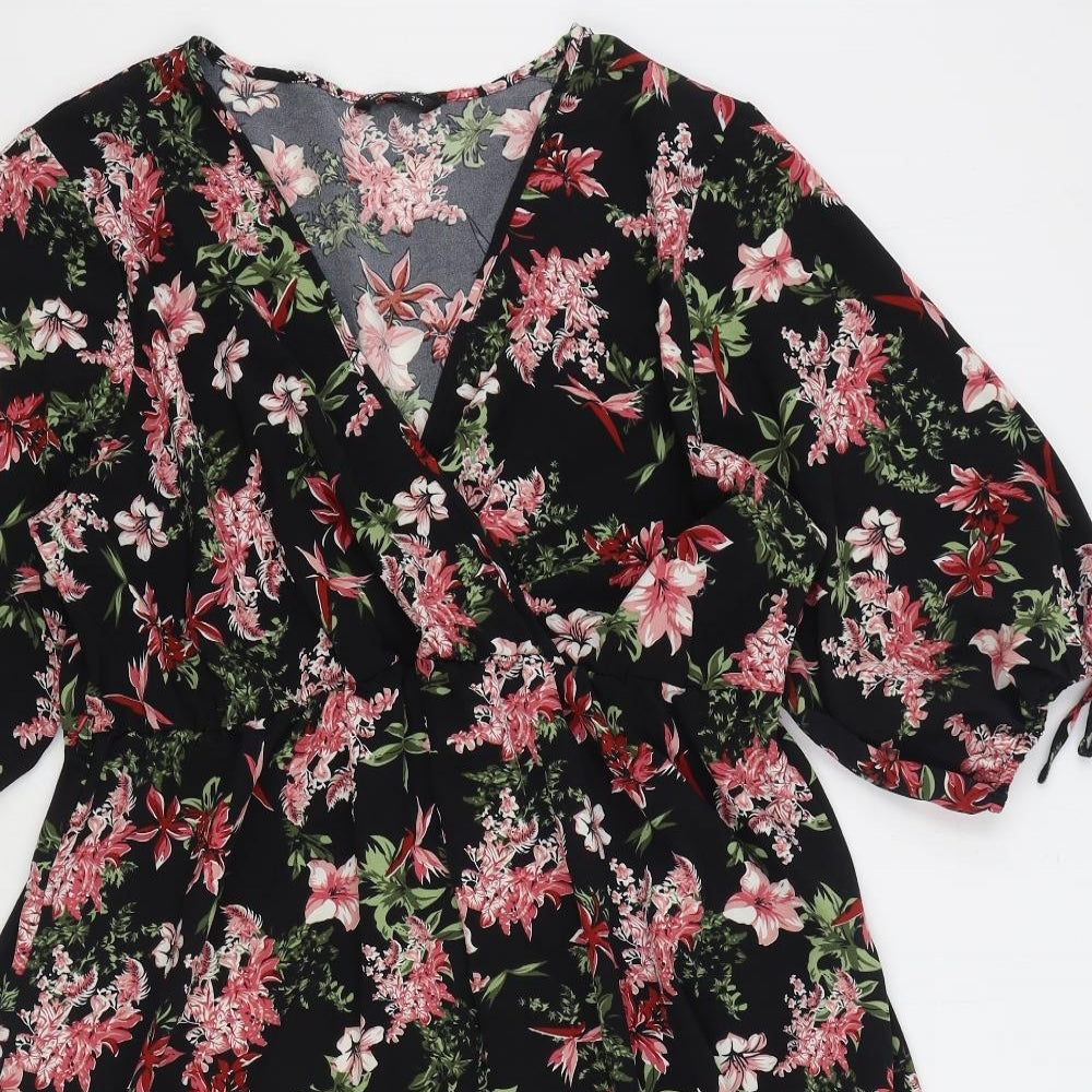 SheIn Womens Multicoloured Floral Polyester Skater Dress Size 2XL V-Neck Pullover