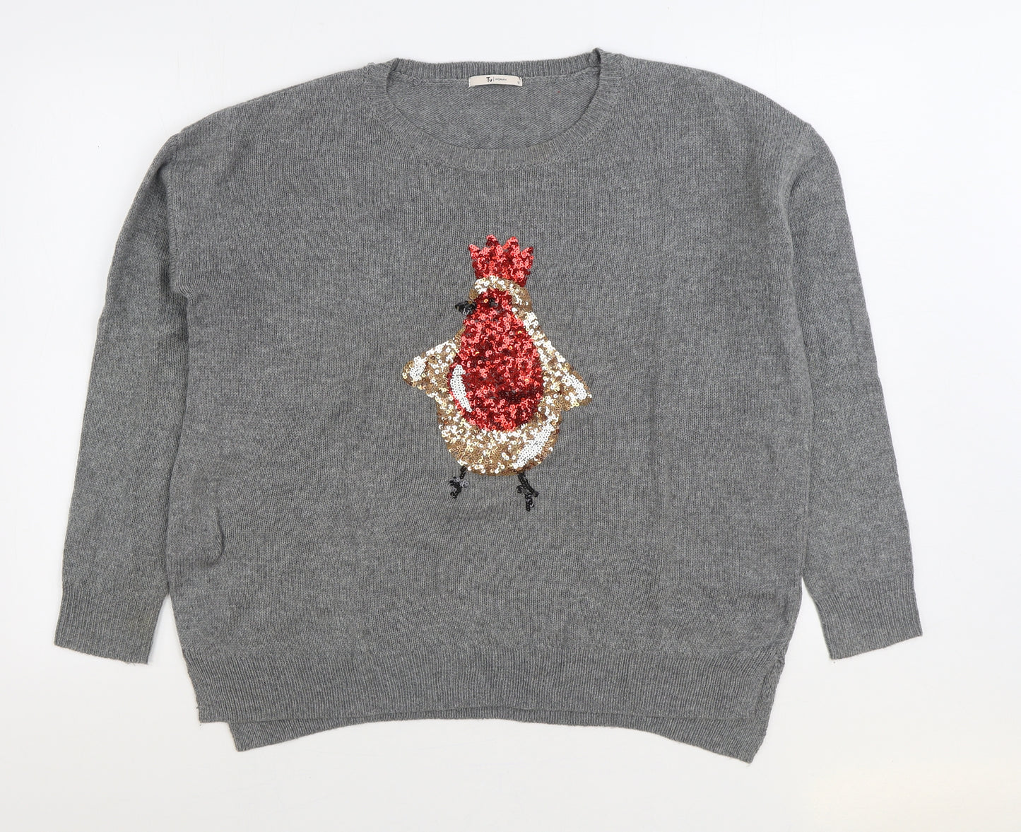 TU Womens Grey Round Neck Acrylic Pullover Jumper Size 12 - Christmas Robin