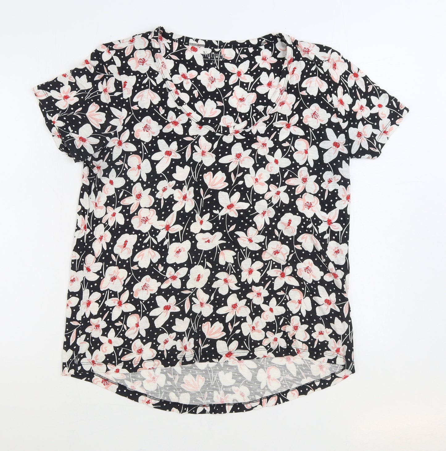 Nutmeg Womens Black Floral Cotton Basic T-Shirt Size 16 Scoop Neck