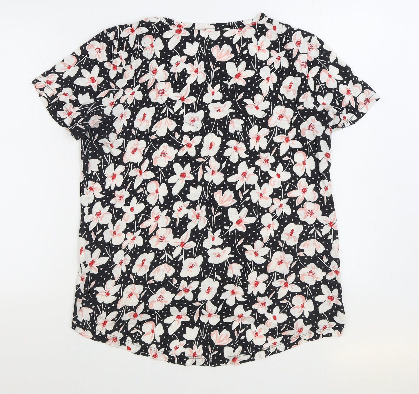 Nutmeg Womens Black Floral Cotton Basic T-Shirt Size 16 Scoop Neck