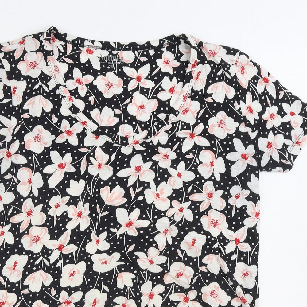 Nutmeg Womens Black Floral Cotton Basic T-Shirt Size 16 Scoop Neck