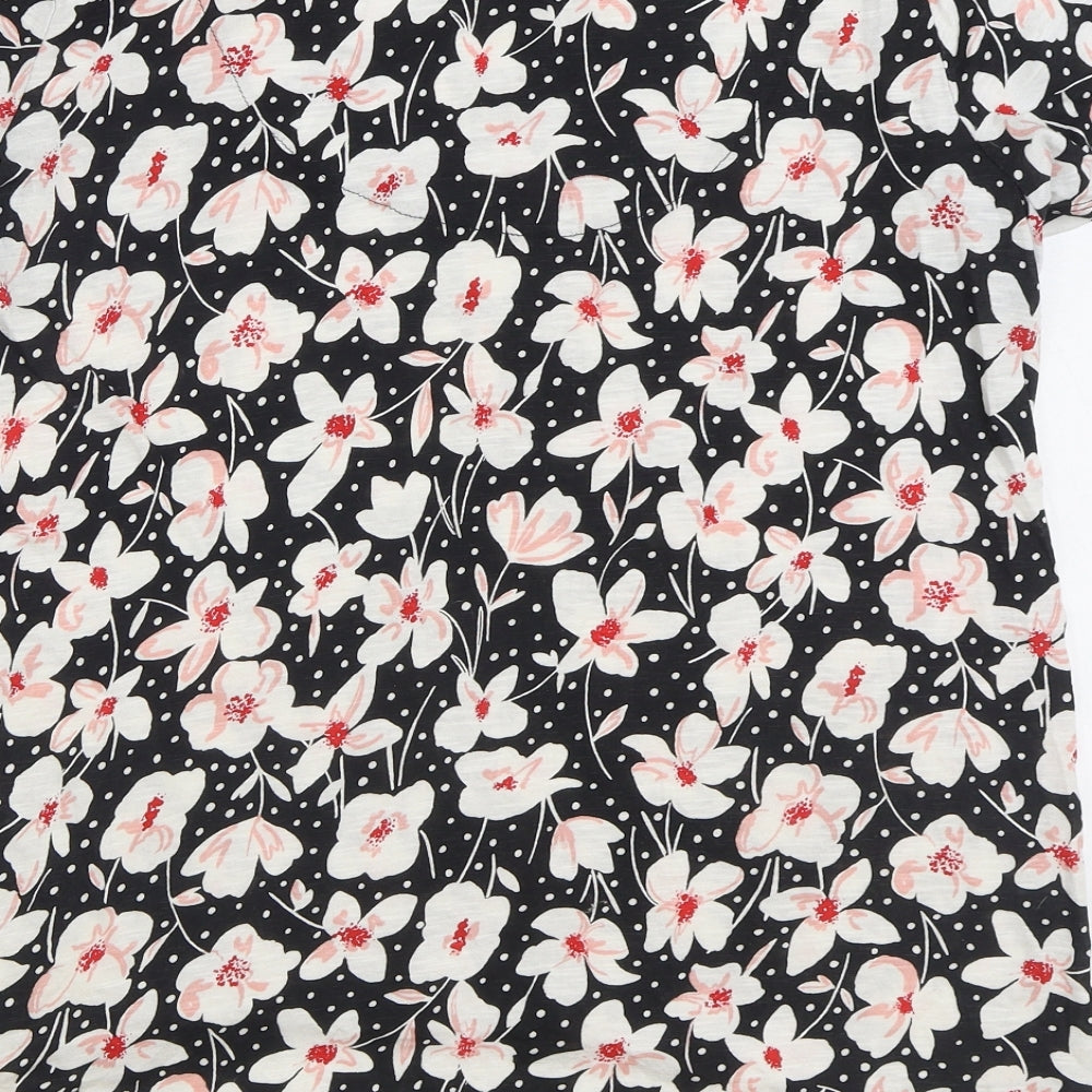 Nutmeg Womens Black Floral Cotton Basic T-Shirt Size 16 Scoop Neck