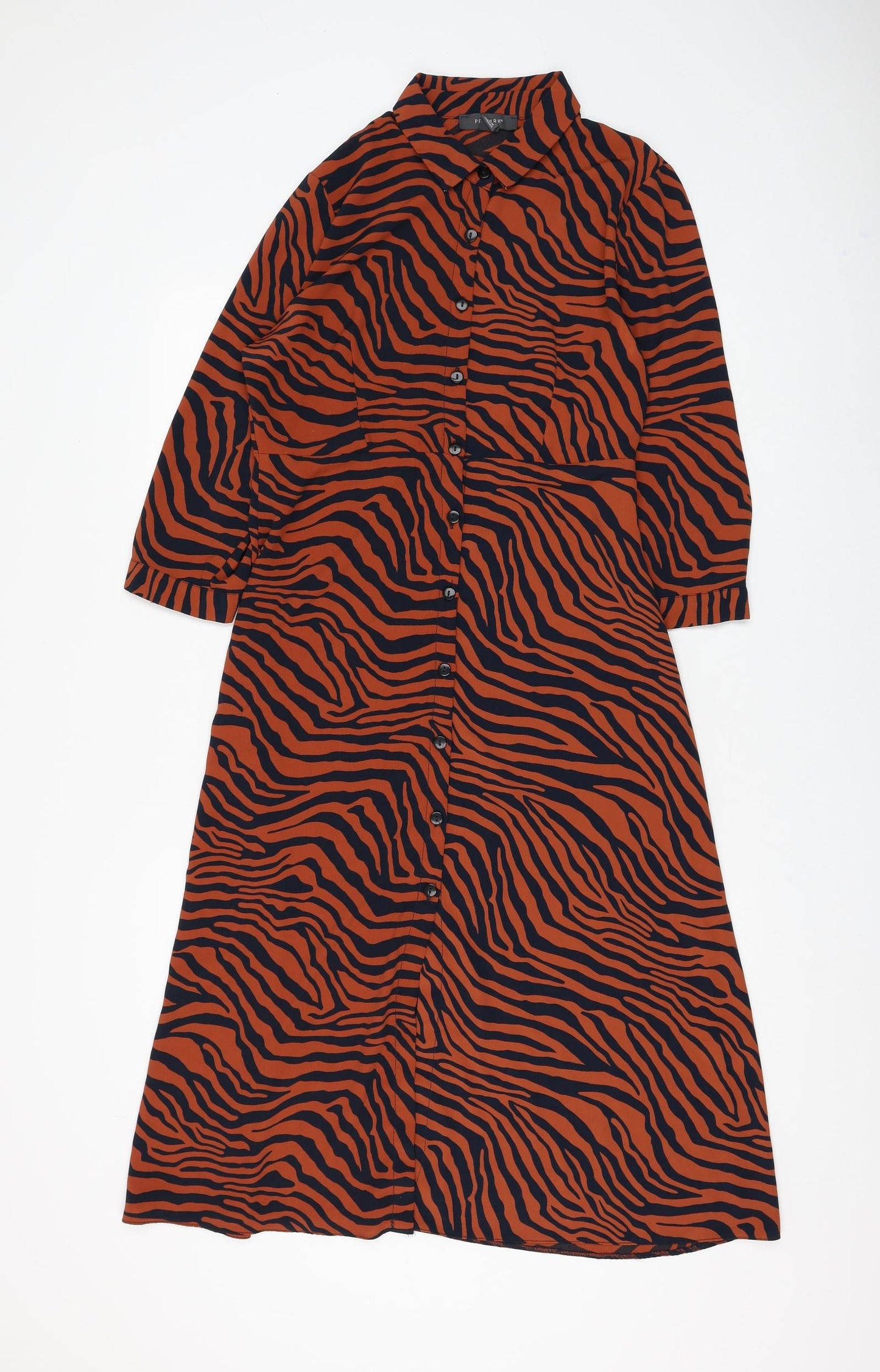 Primark Womens Brown Animal Print Polyester Shirt Dress Size 12 Collared Button - Tiger Print