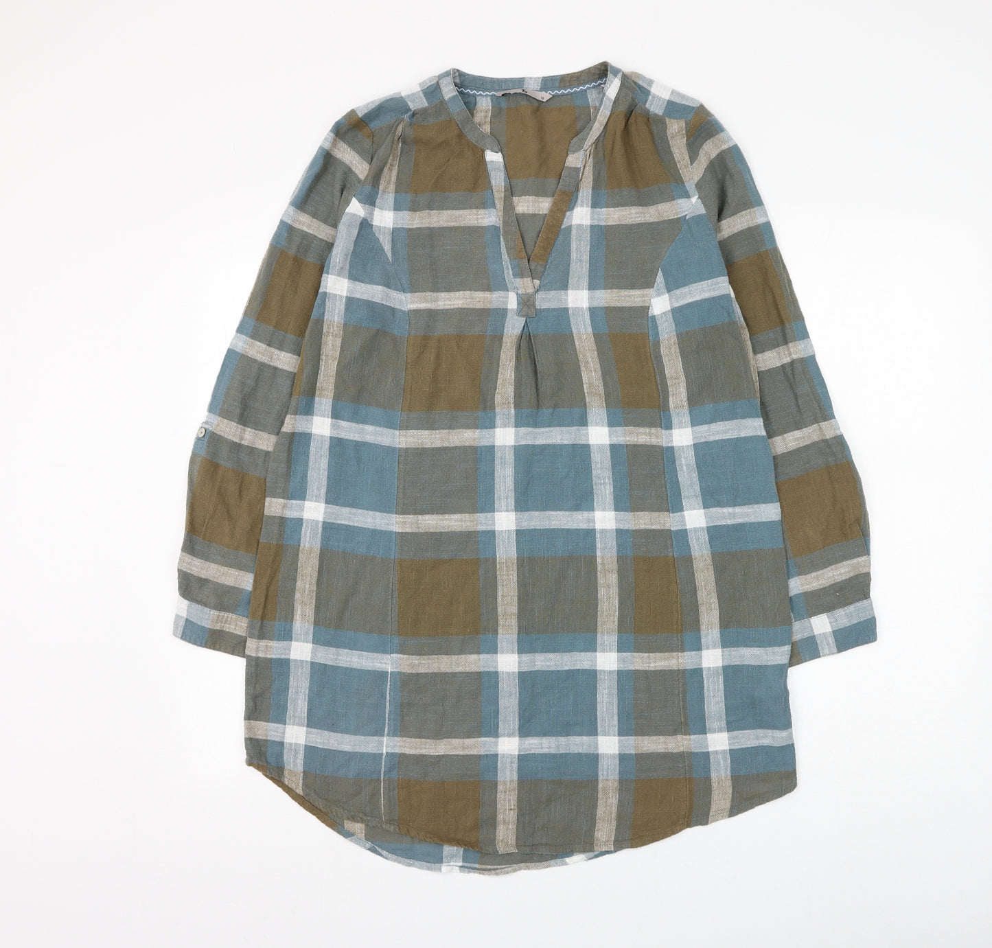 TU Womens Multicoloured Check Cotton Tunic Blouse Size 12 V-Neck