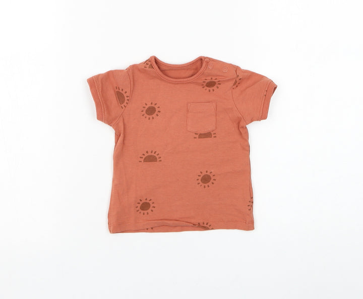 TU Boys Orange Geometric Cotton Basic T-Shirt Size 6-9 Months Round Neck Button - Sun