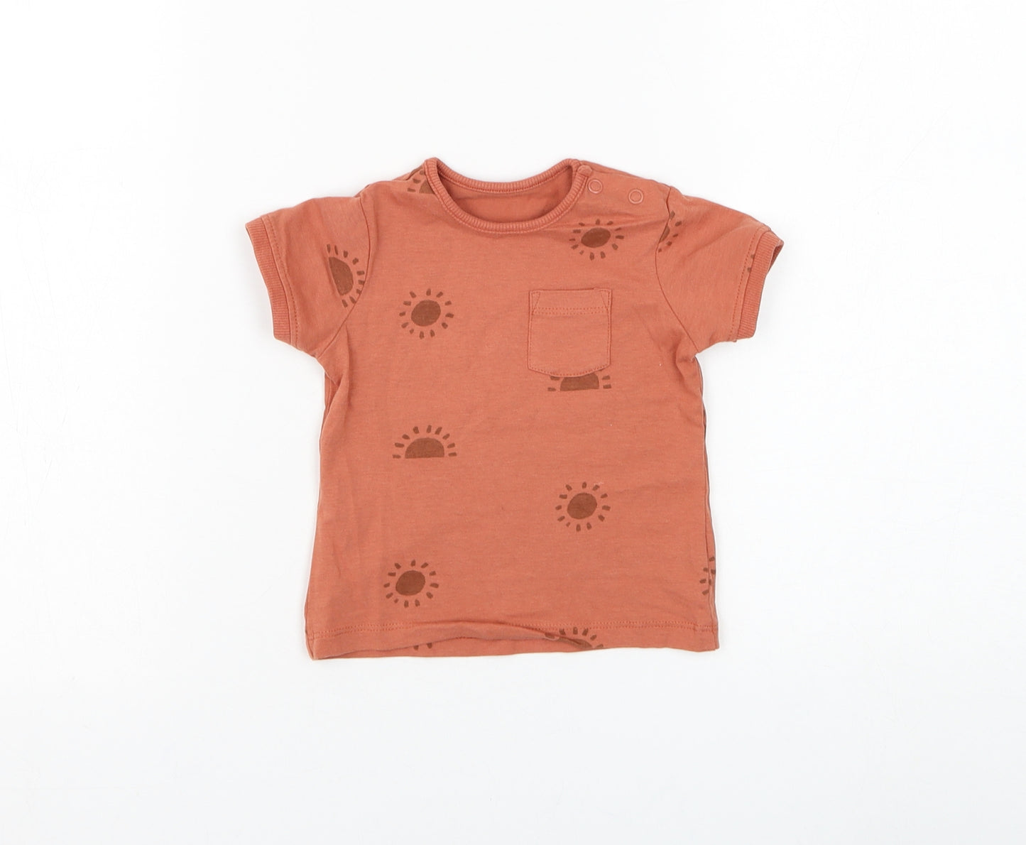 TU Boys Orange Geometric Cotton Basic T-Shirt Size 6-9 Months Round Neck Button - Sun
