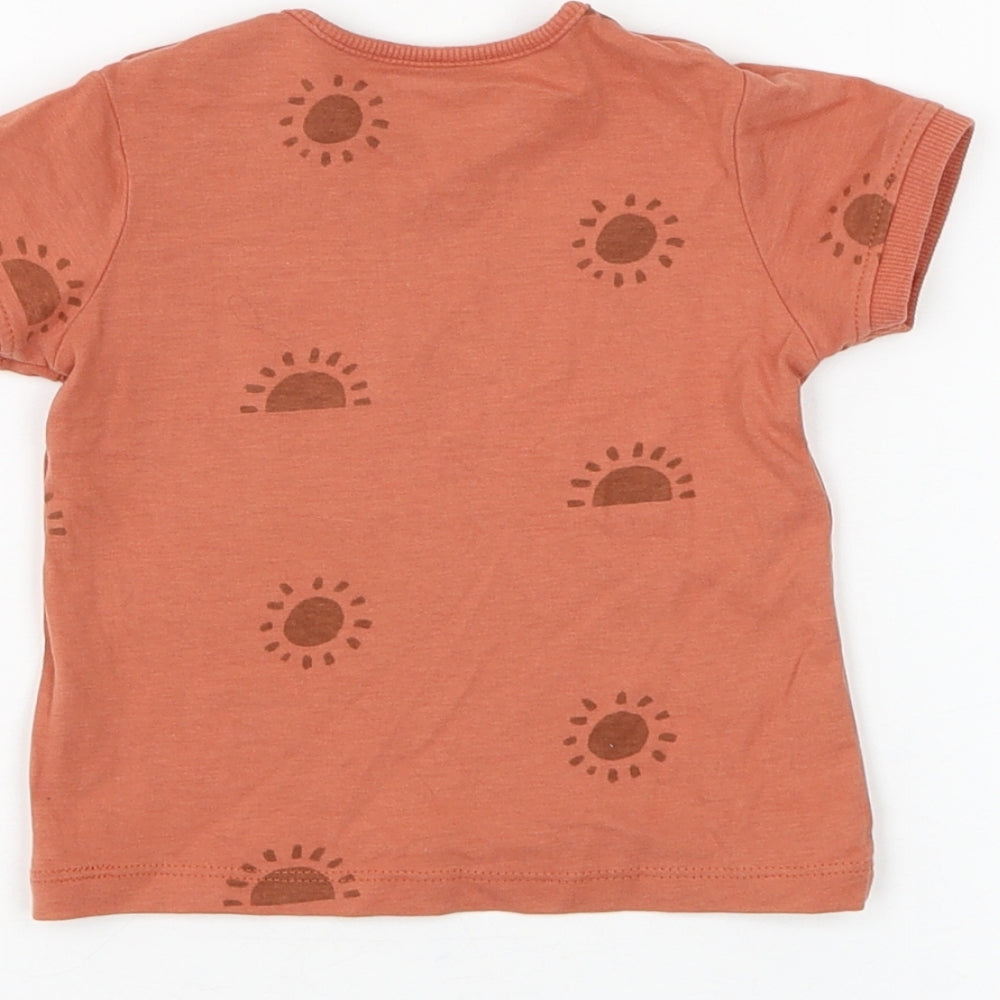 TU Boys Orange Geometric Cotton Basic T-Shirt Size 6-9 Months Round Neck Button - Sun