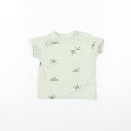 Primark Boys Green Geometric Cotton Basic T-Shirt Size 6-9 Months Round Neck Button - Sun