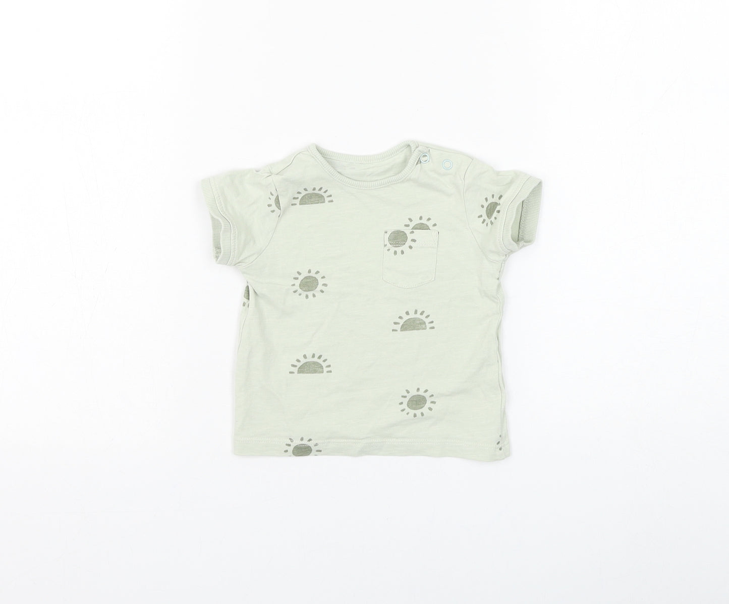 Primark Boys Green Geometric Cotton Basic T-Shirt Size 6-9 Months Round Neck Button - Sun