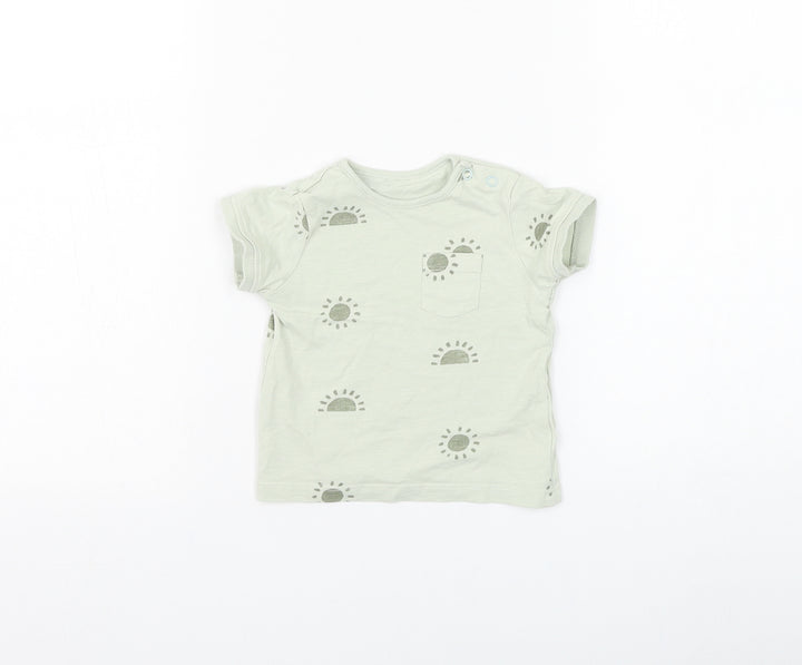 Primark Boys Green Geometric Cotton Basic T-Shirt Size 6-9 Months Round Neck Button - Sun