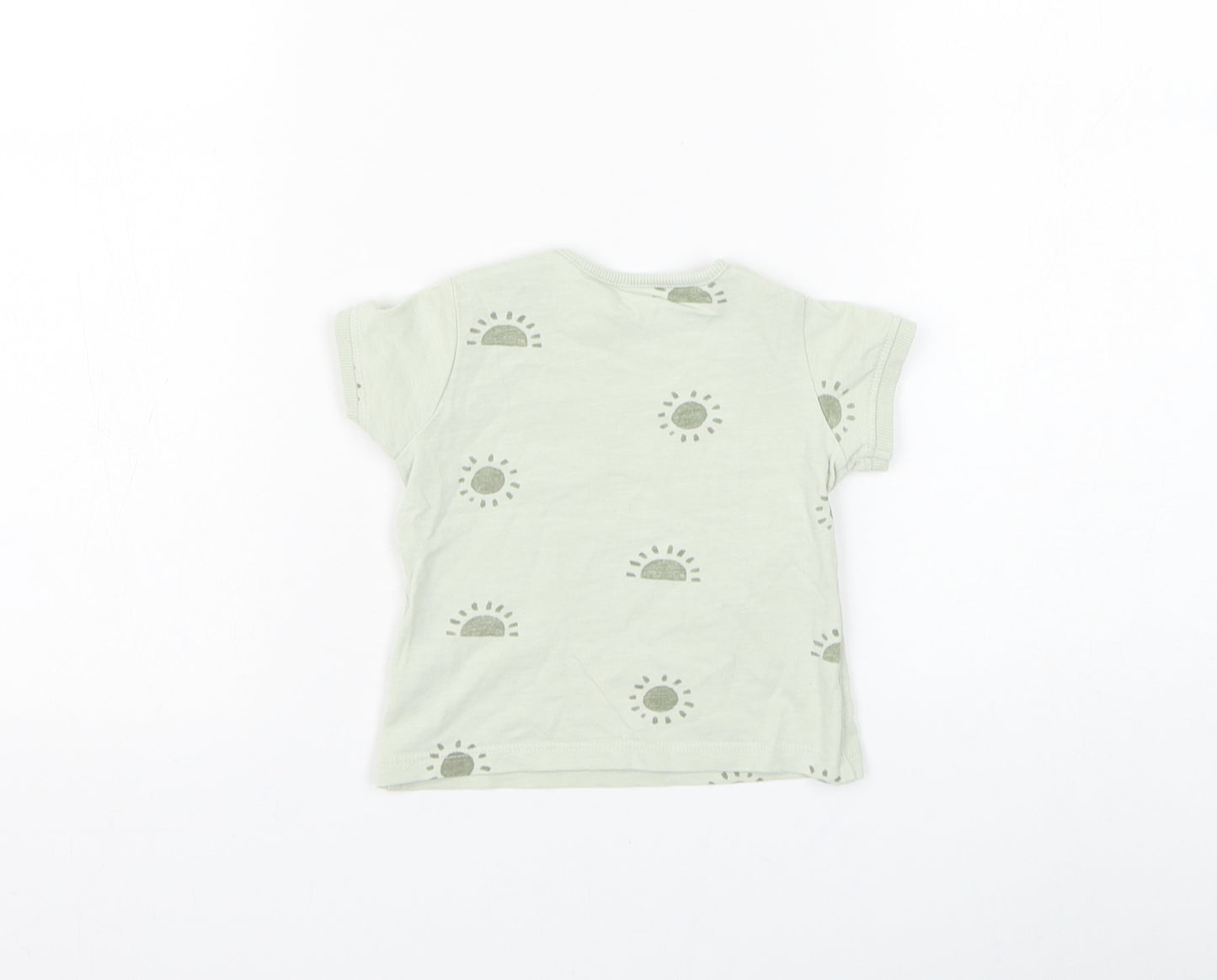 Primark Boys Green Geometric Cotton Basic T-Shirt Size 6-9 Months Round Neck Button - Sun