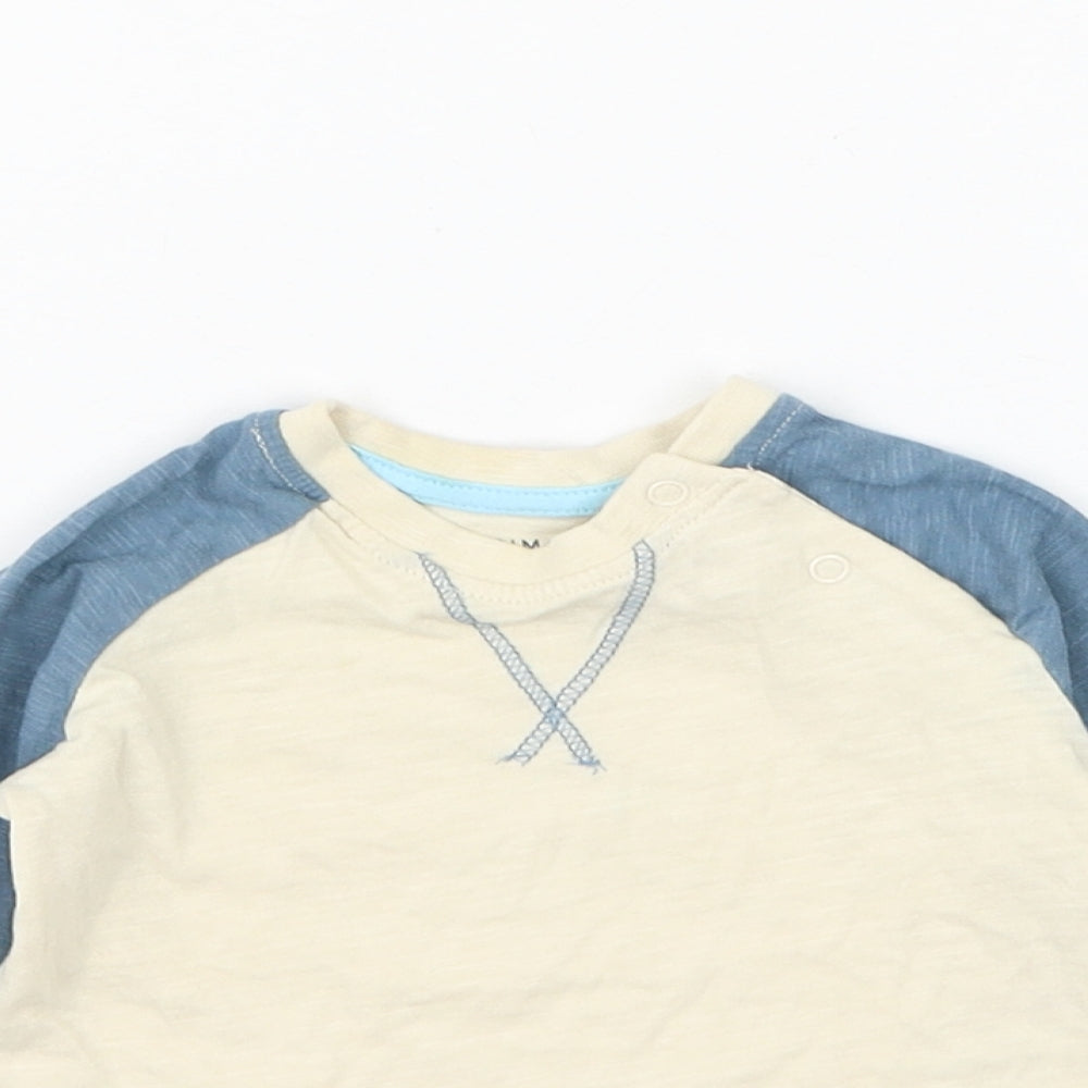 Primark Boys Beige Colourblock Cotton Basic T-Shirt Size 0-3 Months Round Neck Button