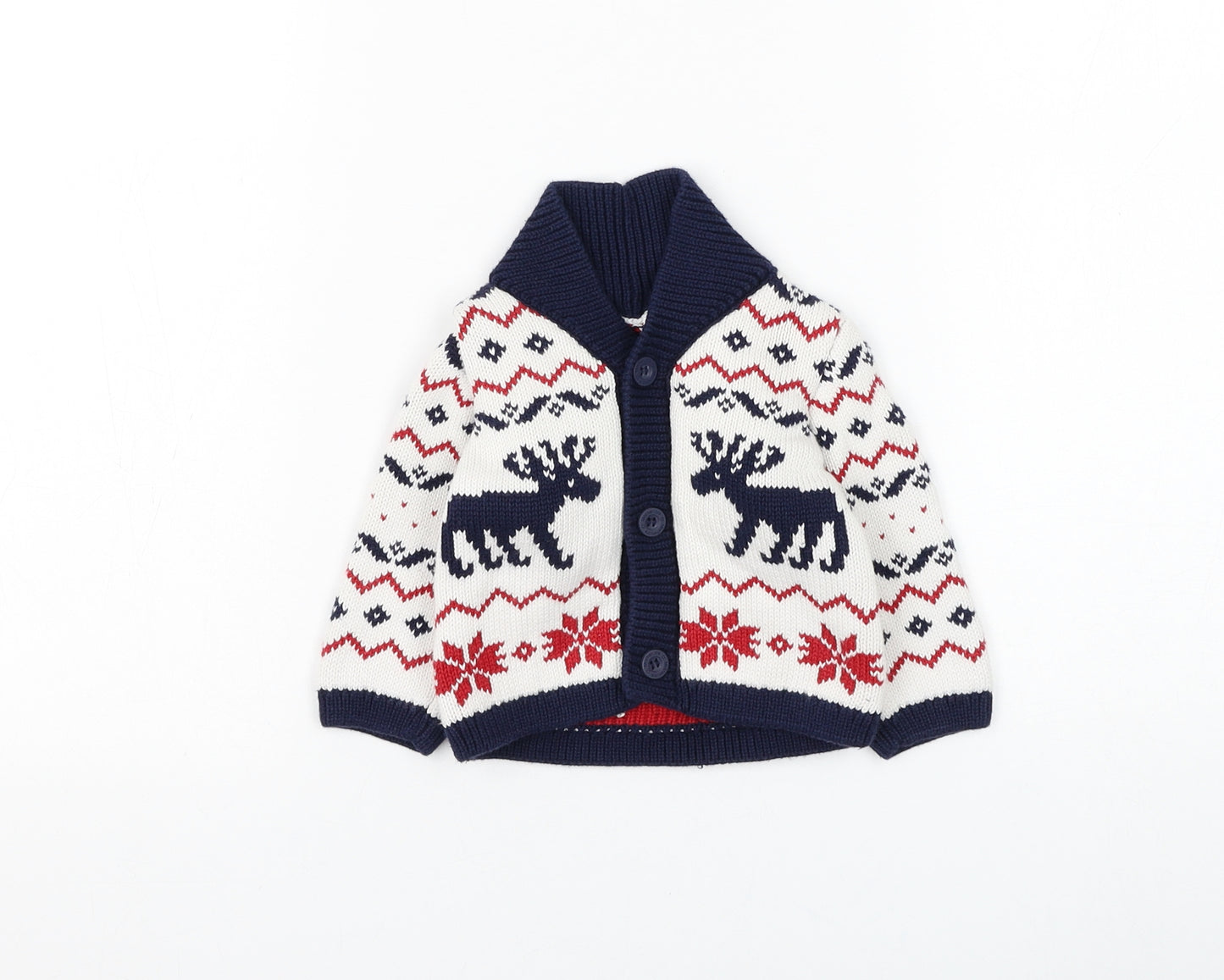 Mothercare Boys White Fair Isle Cotton Cardigan Jumper Size 3-6 Months Button - Christmas Reindeer