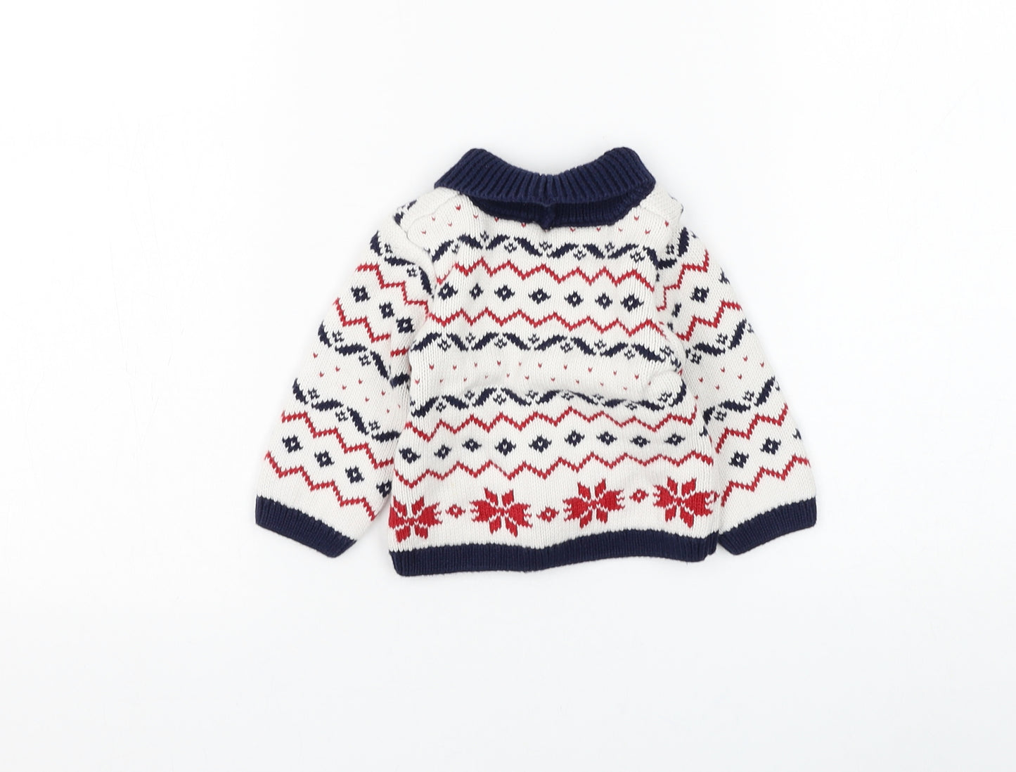 Mothercare Boys White Fair Isle Cotton Cardigan Jumper Size 3-6 Months Button - Christmas Reindeer