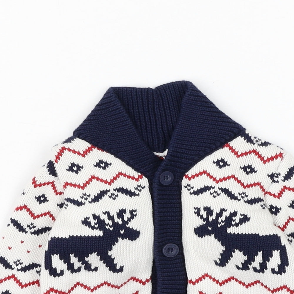 Mothercare Boys White Fair Isle Cotton Cardigan Jumper Size 3-6 Months Button - Christmas Reindeer