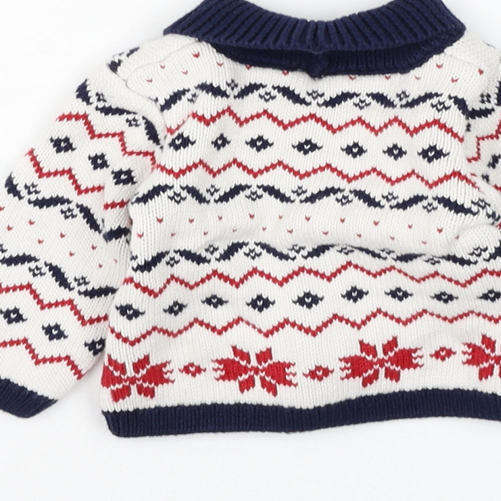 Mothercare Boys White Fair Isle Cotton Cardigan Jumper Size 3-6 Months Button - Christmas Reindeer