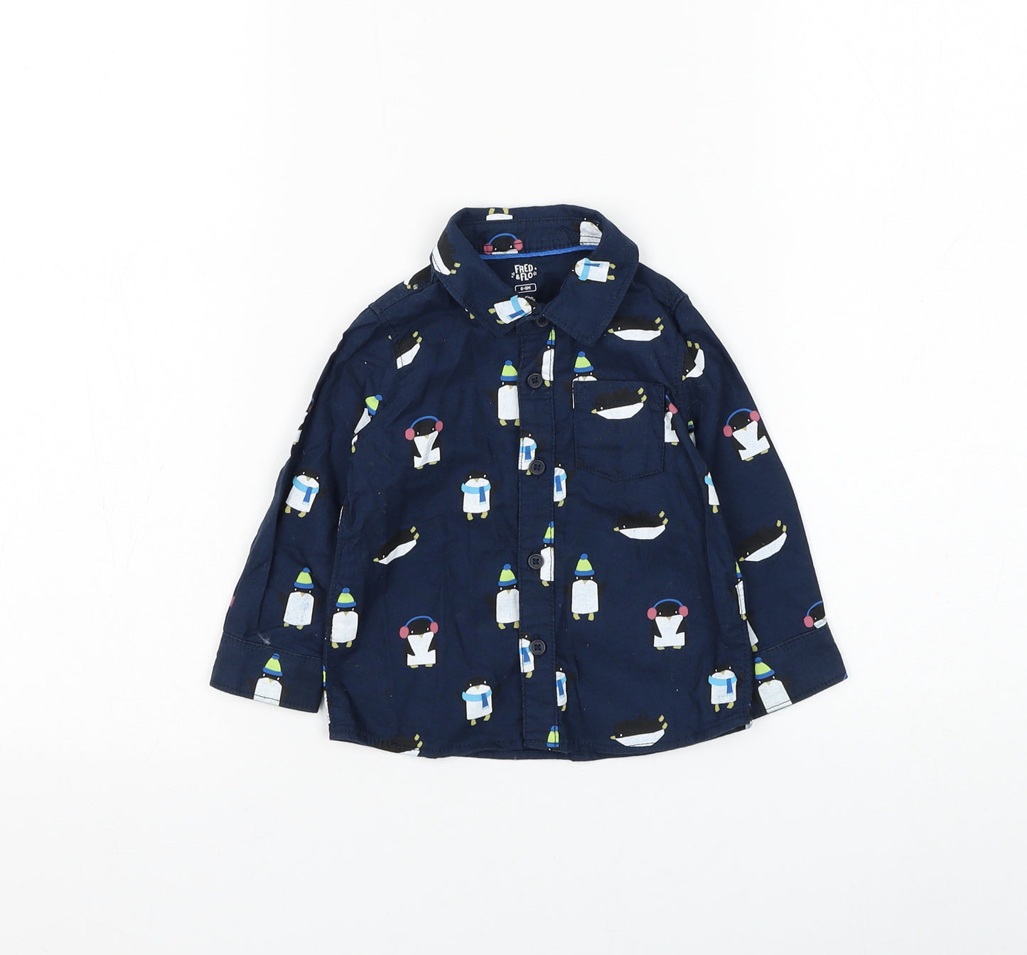 F&F Boys Blue Geometric Cotton Basic Button-Up Size 6-9 Months Collared Button - Penguin