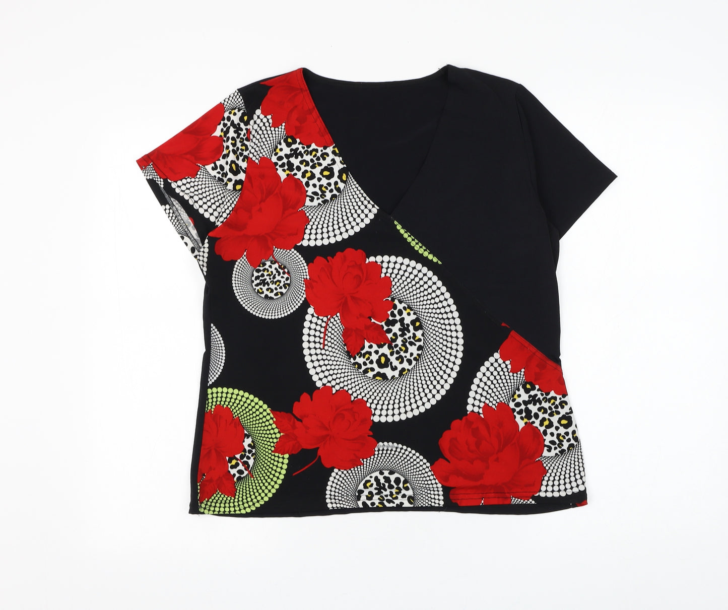 Preworn Womens Black Geometric Polyester Basic Blouse Size M V-Neck - Flower