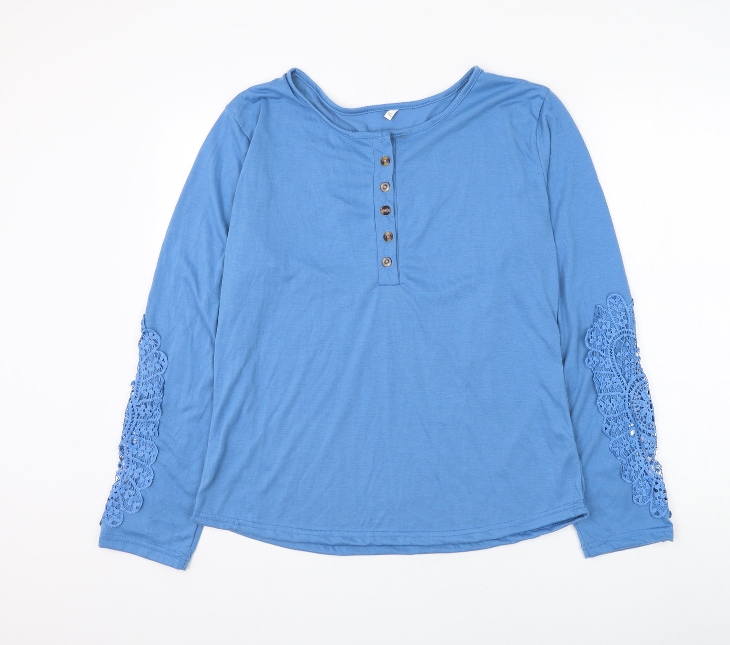 Preworn Womens Blue Cotton Basic Blouse Size 4XL Henley - Crochet Sleeve Detailing