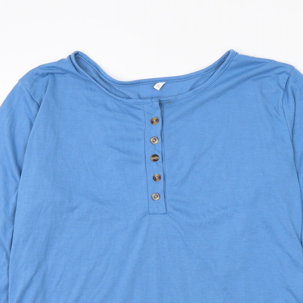 Preworn Womens Blue Cotton Basic Blouse Size 4XL Henley - Crochet Sleeve Detailing
