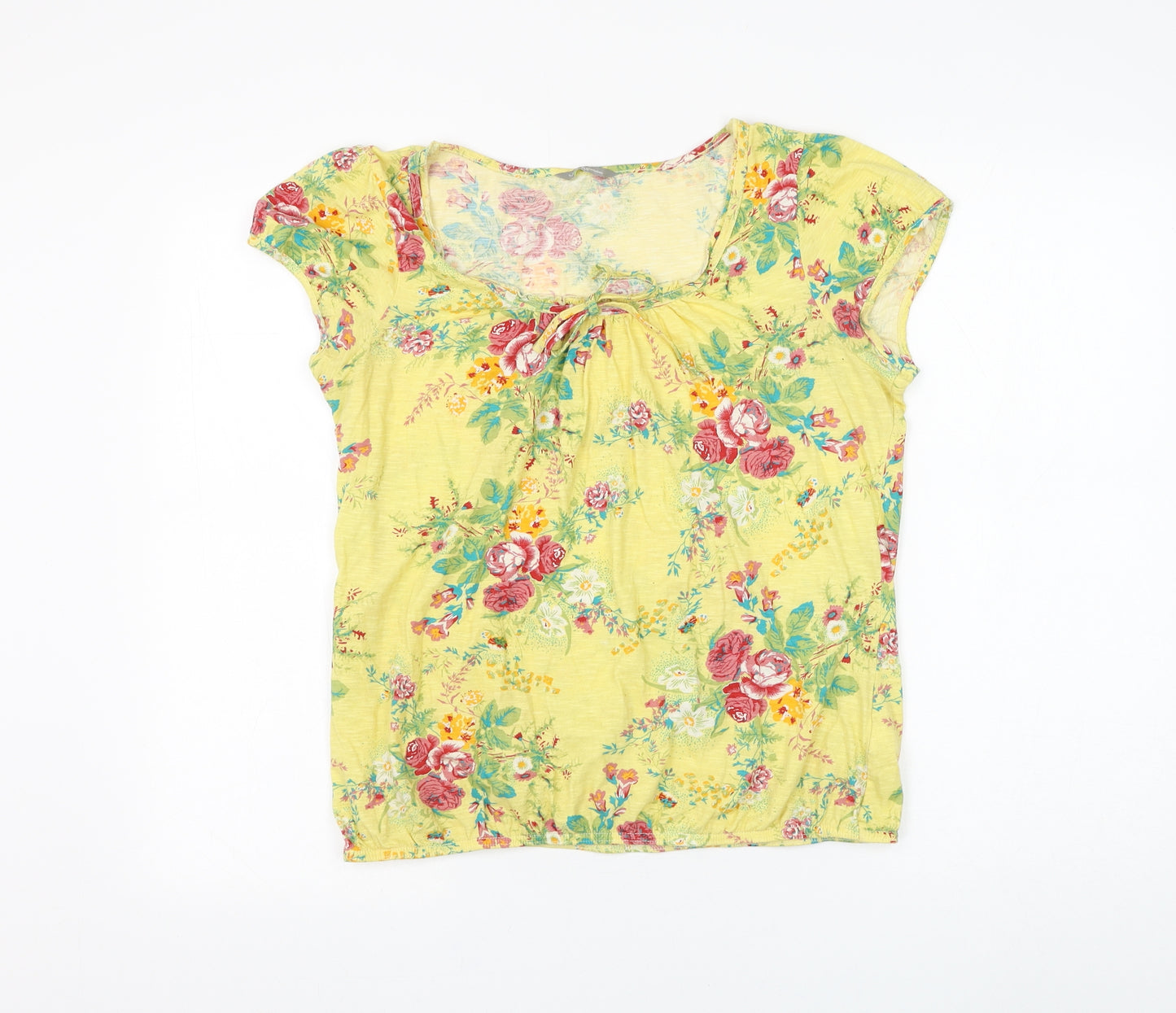 Marks and Spencer Womens Yellow Floral Cotton Basic Blouse Size 14 Scoop Neck
