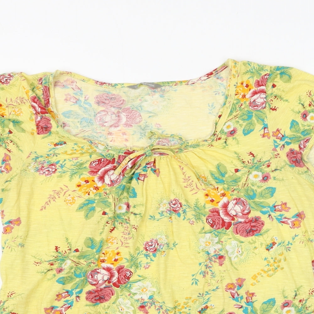 Marks and Spencer Womens Yellow Floral Cotton Basic Blouse Size 14 Scoop Neck