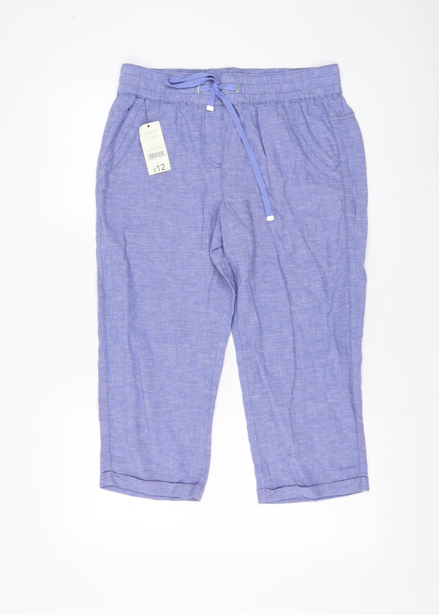 George Womens Blue Linen Cropped Trousers Size 10 L21 in Regular Drawstring