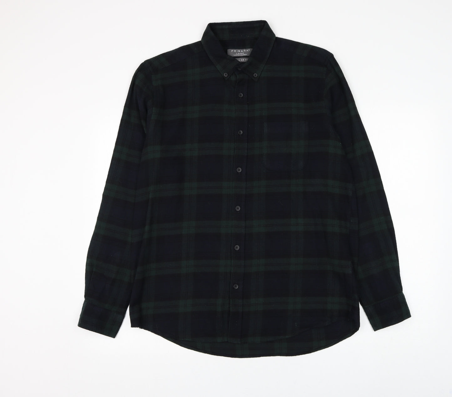 Primark Mens Blue Plaid Cotton Button-Up Size L Collared Button