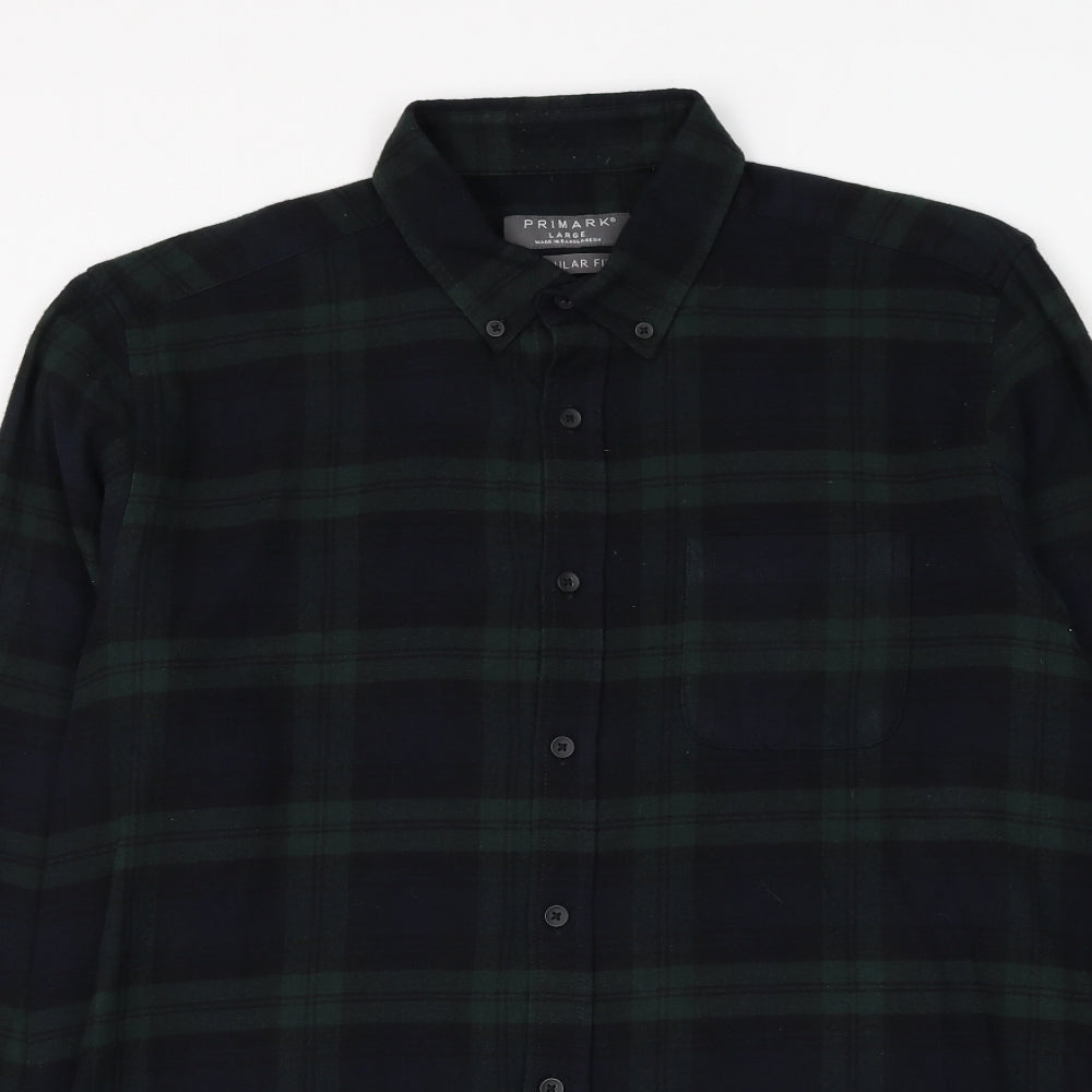 Primark Mens Blue Plaid Cotton Button-Up Size L Collared Button
