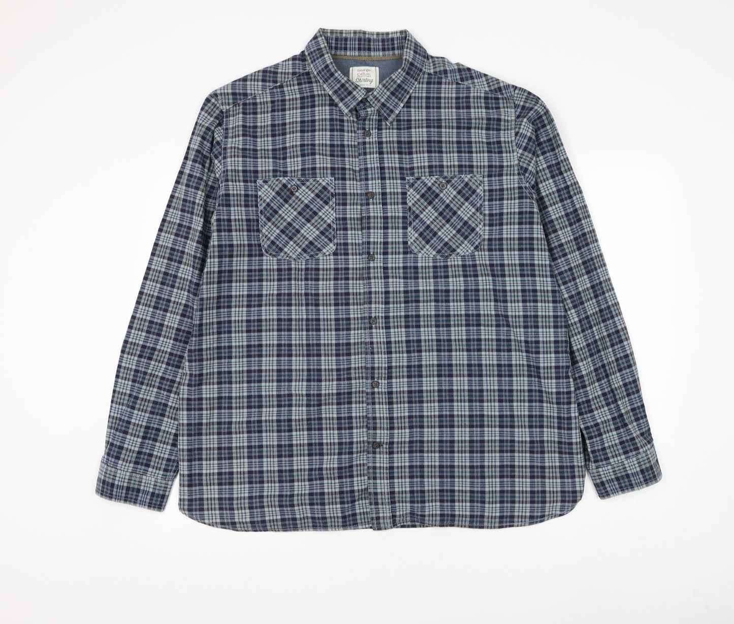 George Mens Blue Plaid Cotton Button-Up Size XL Collared Button