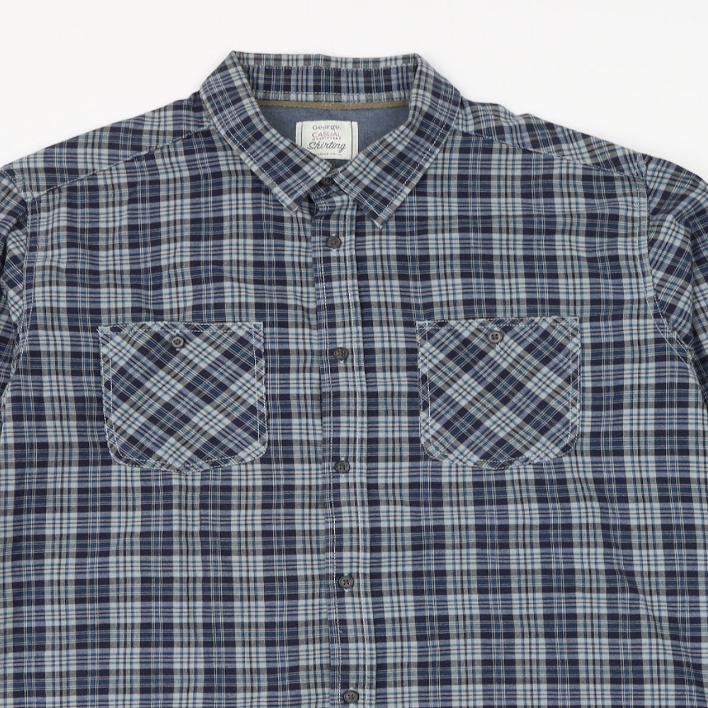 George Mens Blue Plaid Cotton Button-Up Size XL Collared Button
