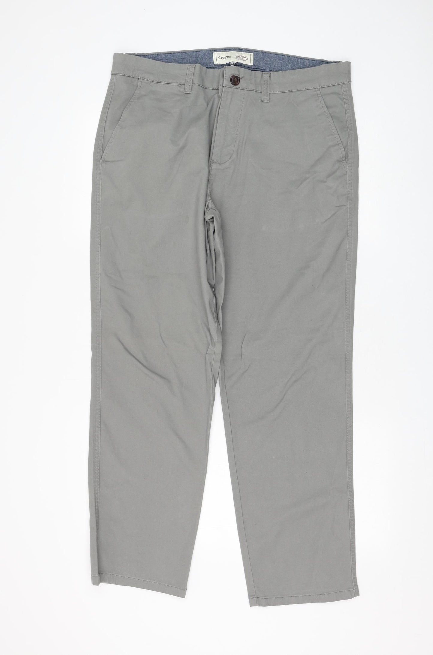 George Mens Grey Cotton Chino Trousers Size 36 in L30 in Regular Zip