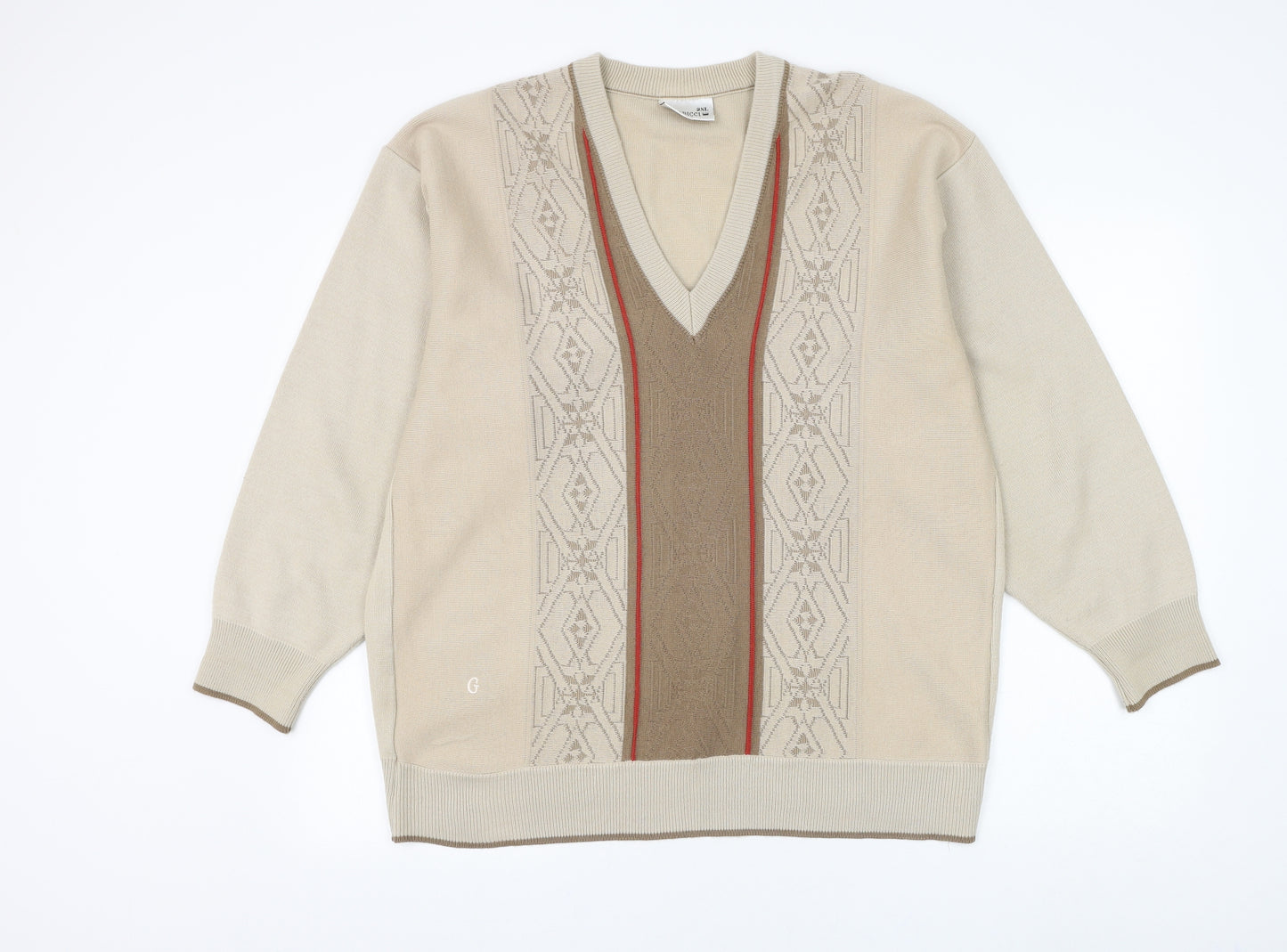 Gabicci Mens Brown V-Neck Geometric Acrylic Pullover Jumper Size 2XL