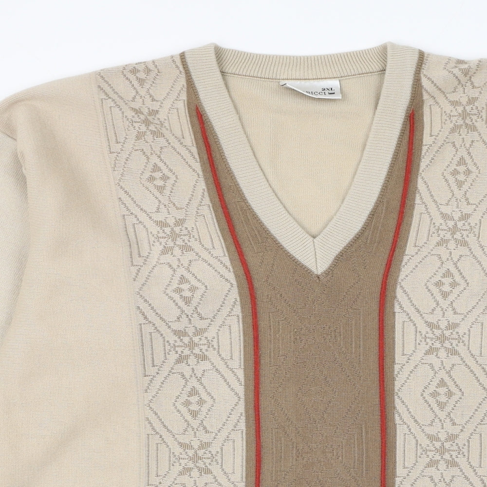 Gabicci Mens Brown V-Neck Geometric Acrylic Pullover Jumper Size 2XL