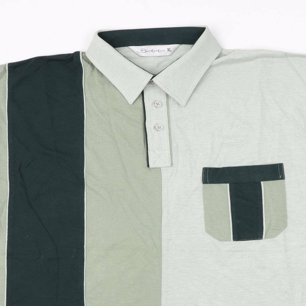 Berkertex Mens Green Colourblock Cotton Polo Size XL Collared Button