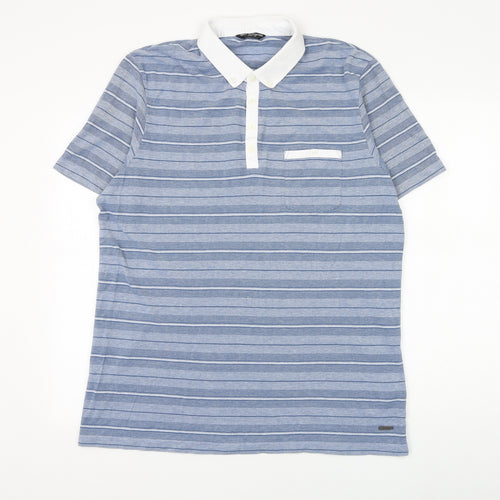 Marks and Spencer Mens Blue Striped Cotton Polo Size XL Collared Button