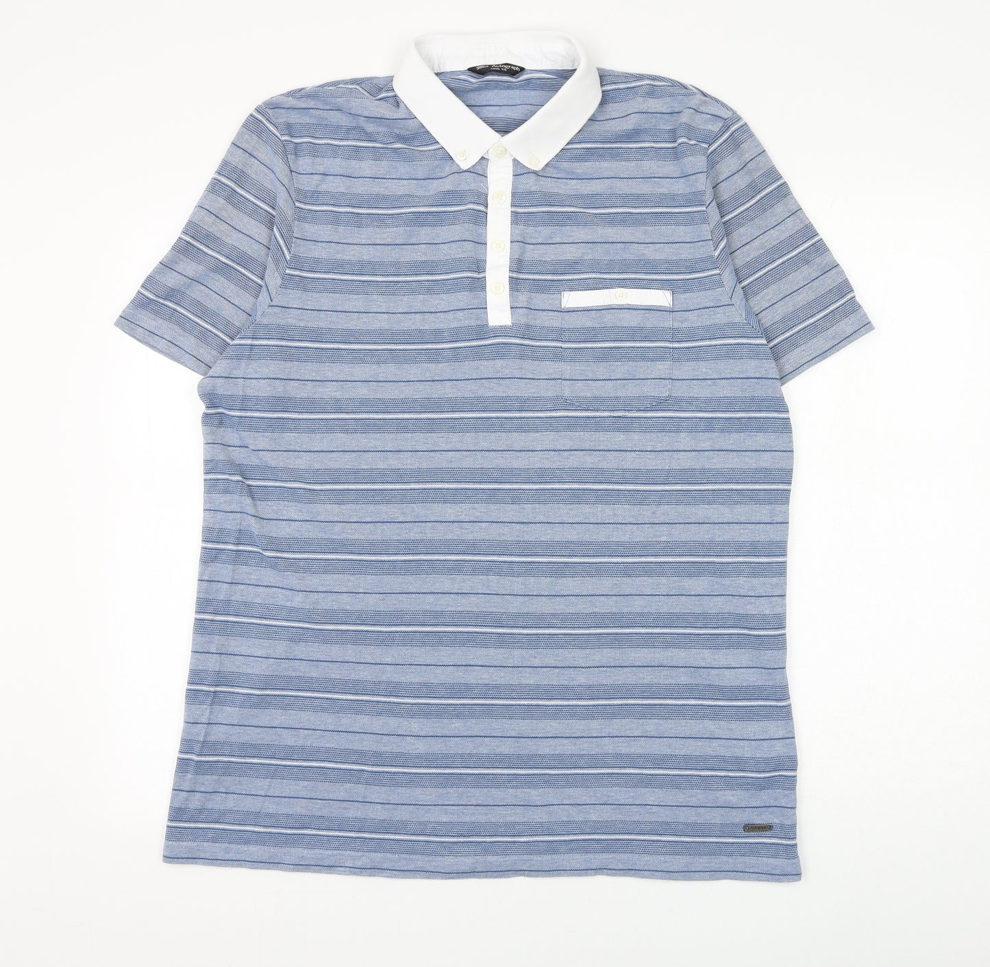 Marks and Spencer Mens Blue Striped Cotton Polo Size XL Collared Button