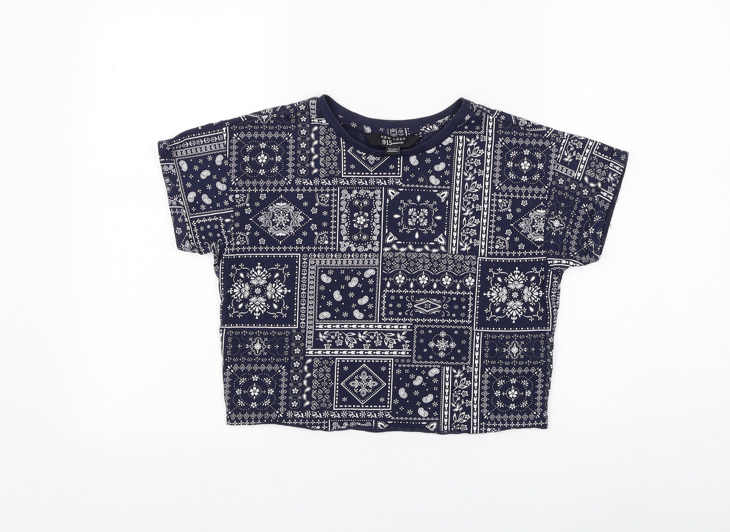 New Look Girls Blue Geometric Polyester Basic T-Shirt Size 10-11 Years Round Neck Pullover - Cropped