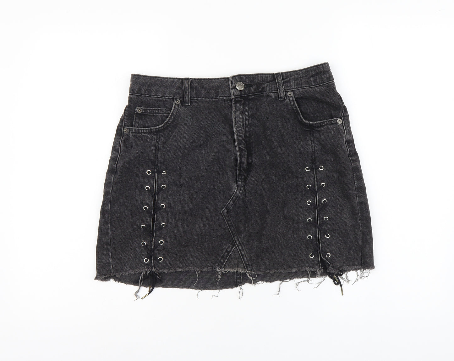 Topshop Womens Black Cotton Mini Skirt Size 12 Button