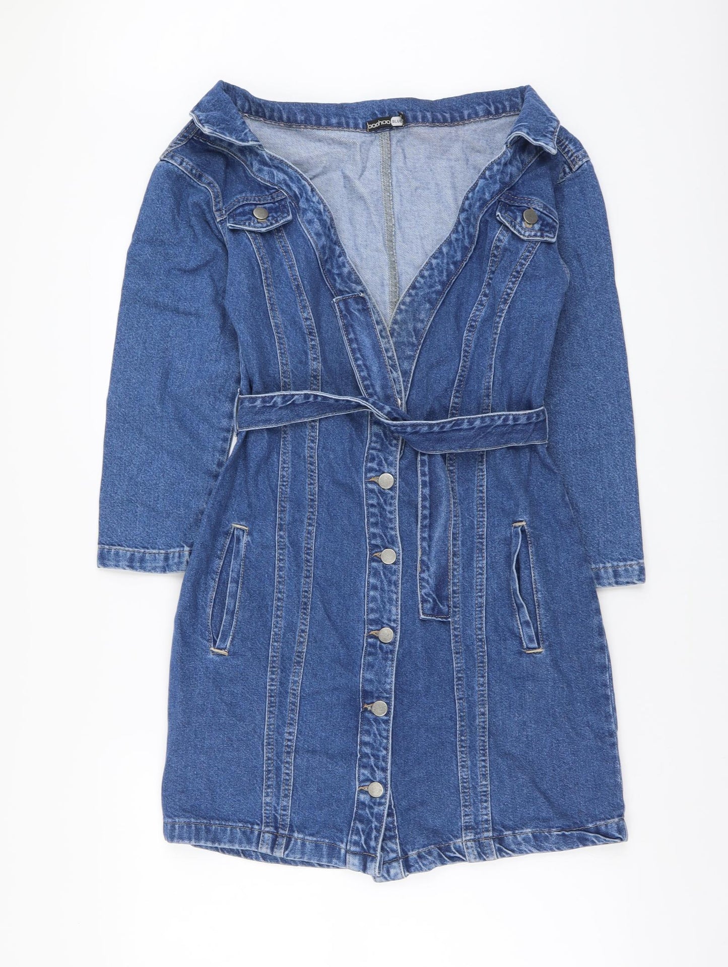 Boohoo Womens Blue Cotton A-Line Size 10 V-Neck Button